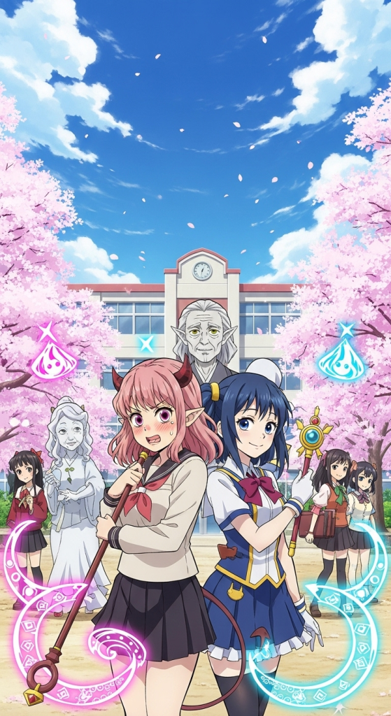 The Demon Girl Next Door anime wallpaper featuring magical girls at school with cherry blossoms