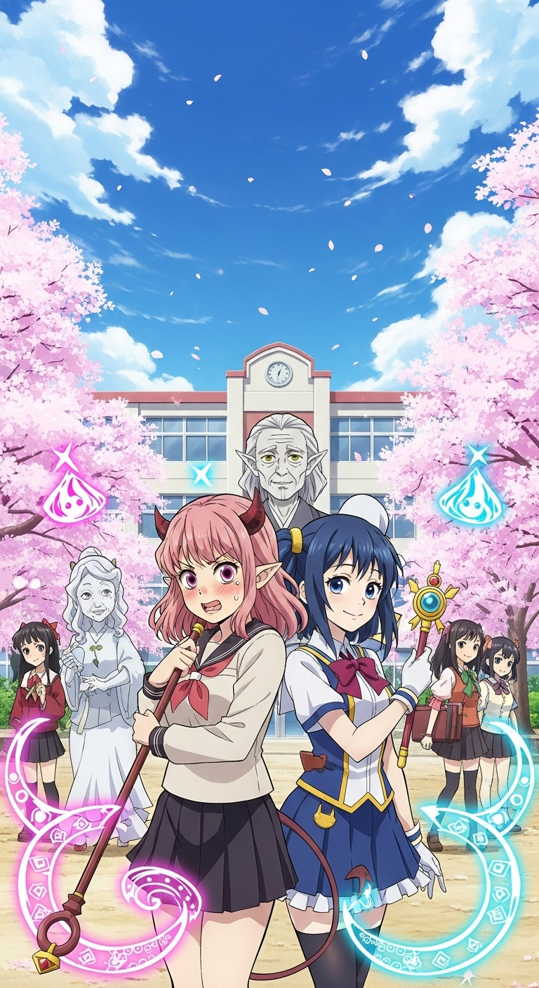 The Demon Girl Next Door anime wallpaper featuring magical girls at school with cherry blossoms