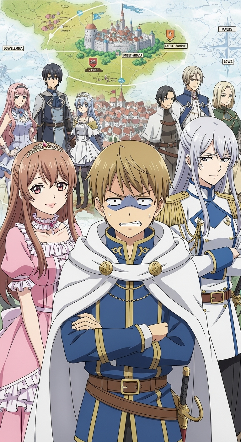 The Genius Prince anime wallpaper featuring Wein, Ninym, and characters with fantasy map background