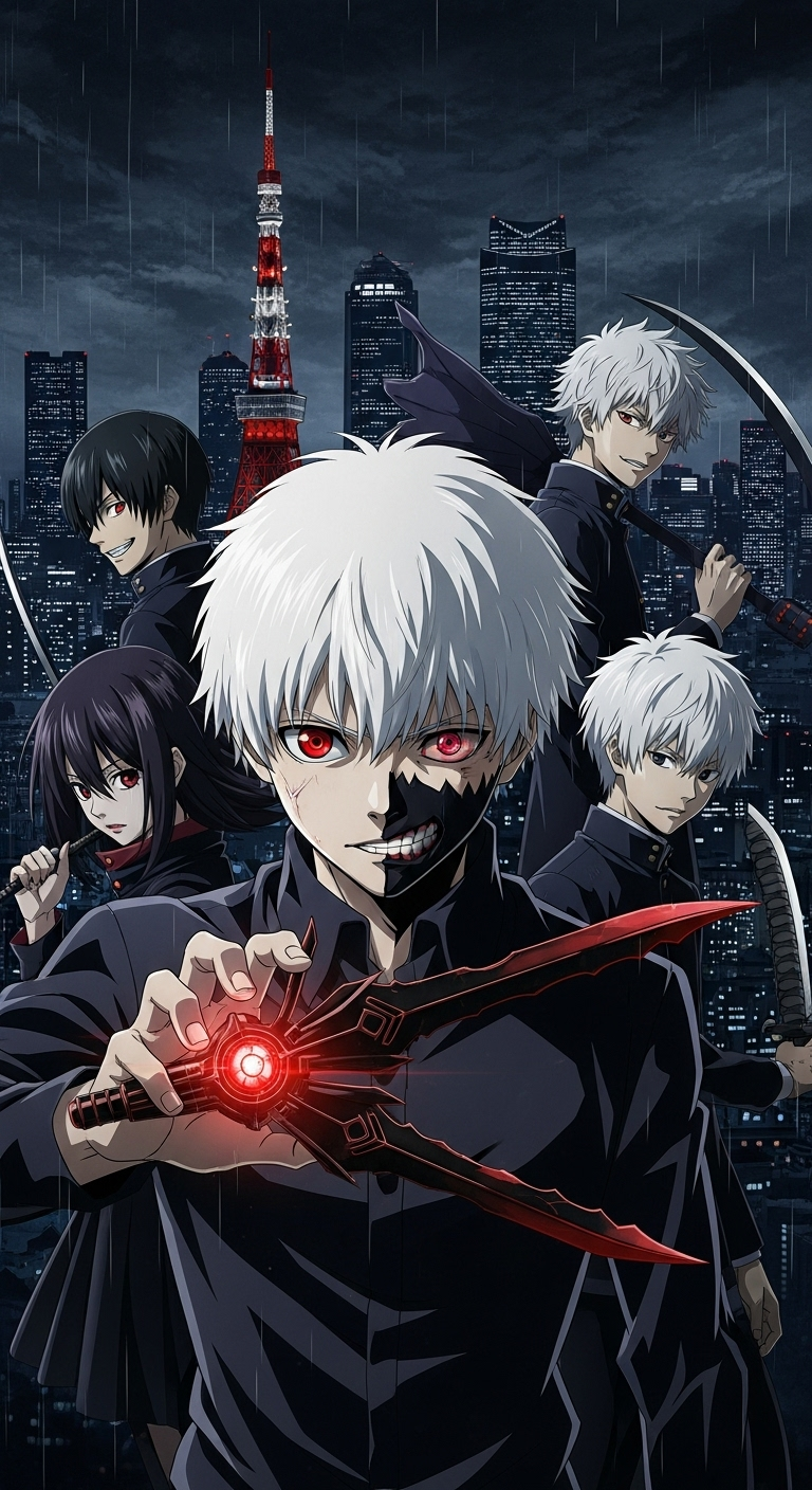 Tokyo Ghoul Root A anime wallpaper featuring Kaneki Ken with red eyes and mask