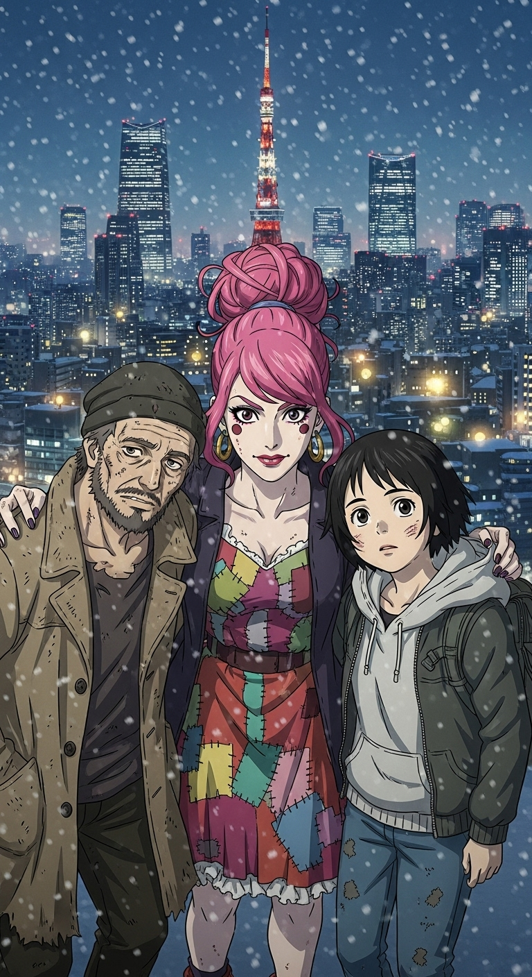 Tokyo Godfathers anime wallpaper featuring three main characters with snowy Tokyo city background