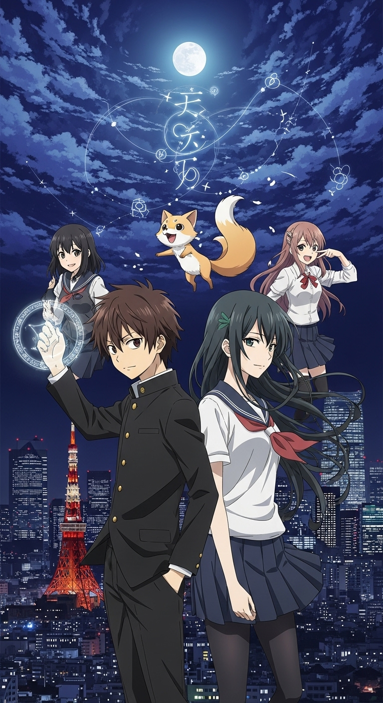 Tokyo Ravens anime wallpaper featuring Harutora and friends with magical symbols over Tokyo cityscape