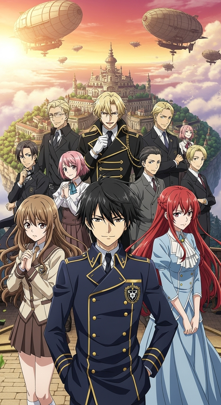Trapped in a Dating Sim anime wallpaper featuring main characters with fantasy academy and airships