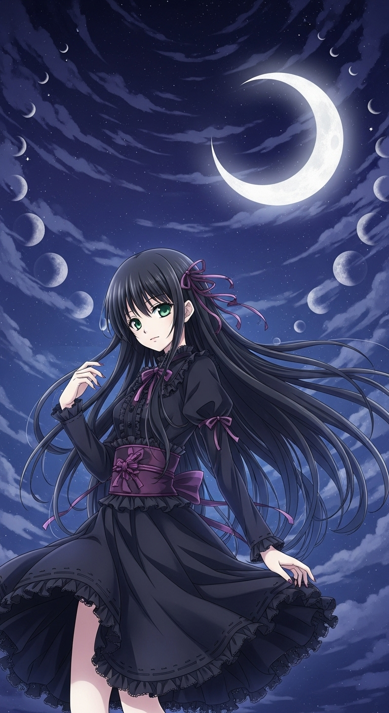 Tsukuyomi Moon Phase anime girl in black dress under crescent moon night sky