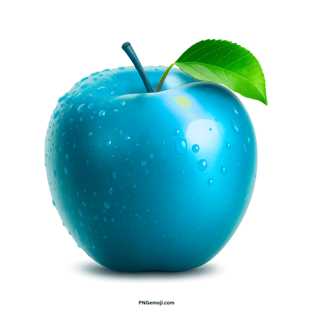 A vibrant turquoise apple with a glossy sheen, featuring glistening water droplets and a fresh green leaf.