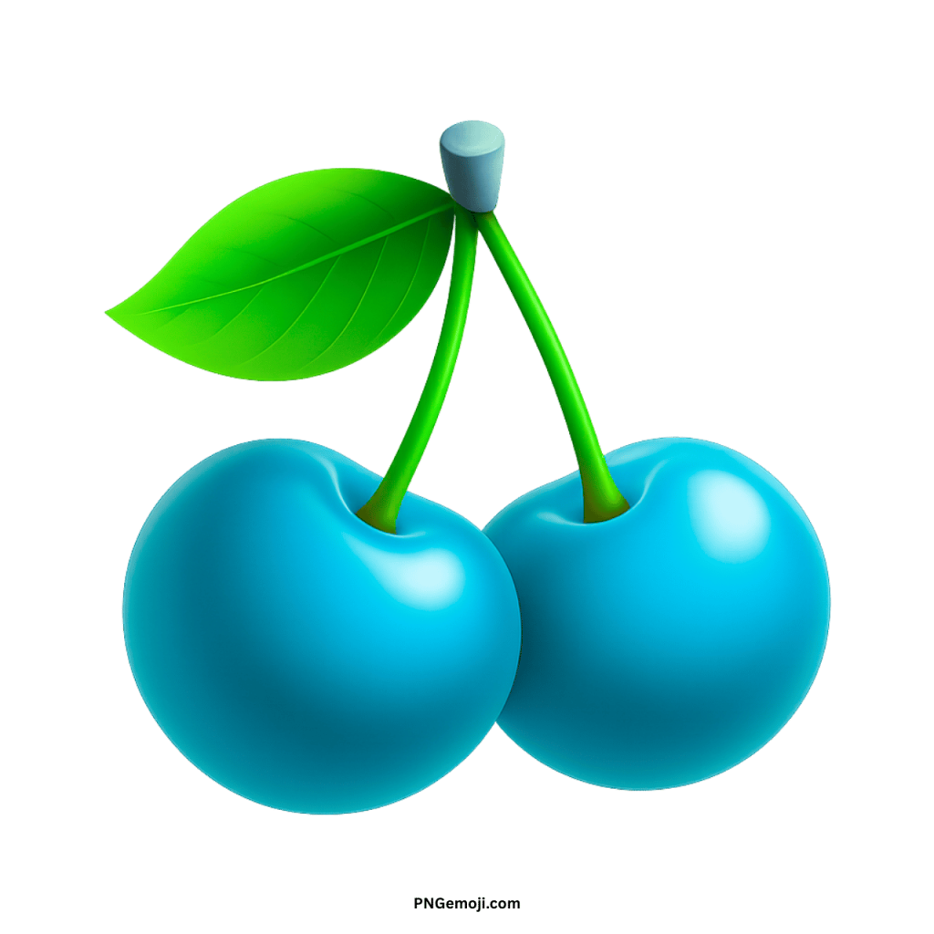A pair of glossy turquoise cherries with a green leaf and stems emoji.