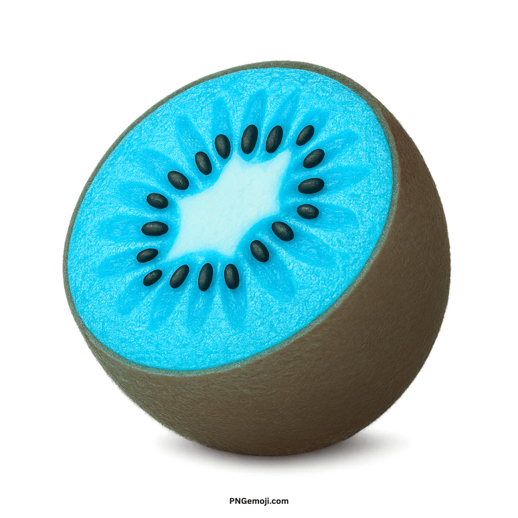 A vibrant turquoise kiwi fruit emoji, halved to reveal black seeds and a light blue core.