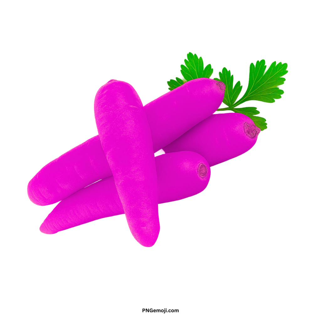 Bright purple carrot PNG with green leaves isolated on transparent background for unique food design