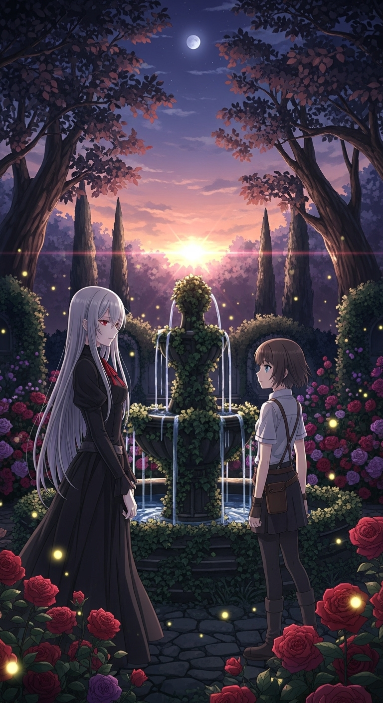 Vampire in the Garden anime wallpaper with sunset fountain and fantasy garden scene