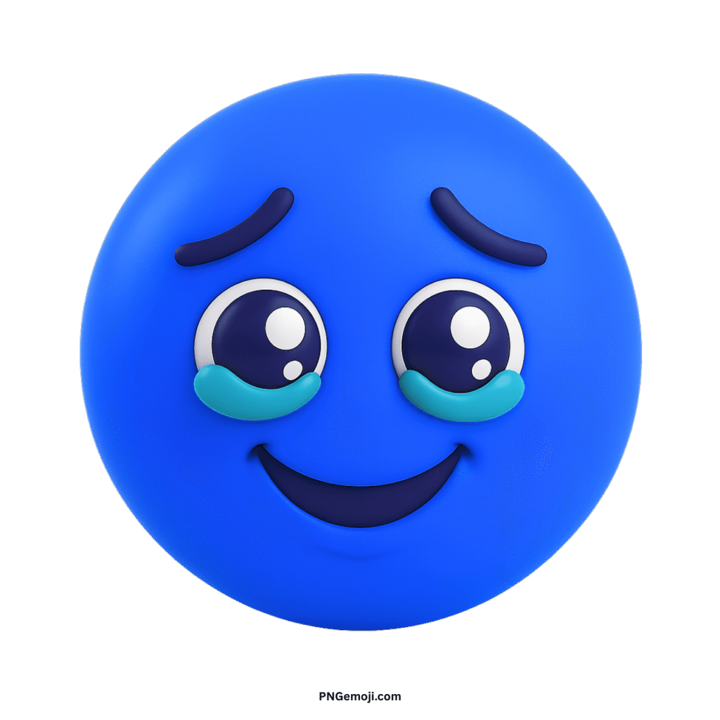  Very sad blue 3D emoji with tears, open eyes, and a slight smile.