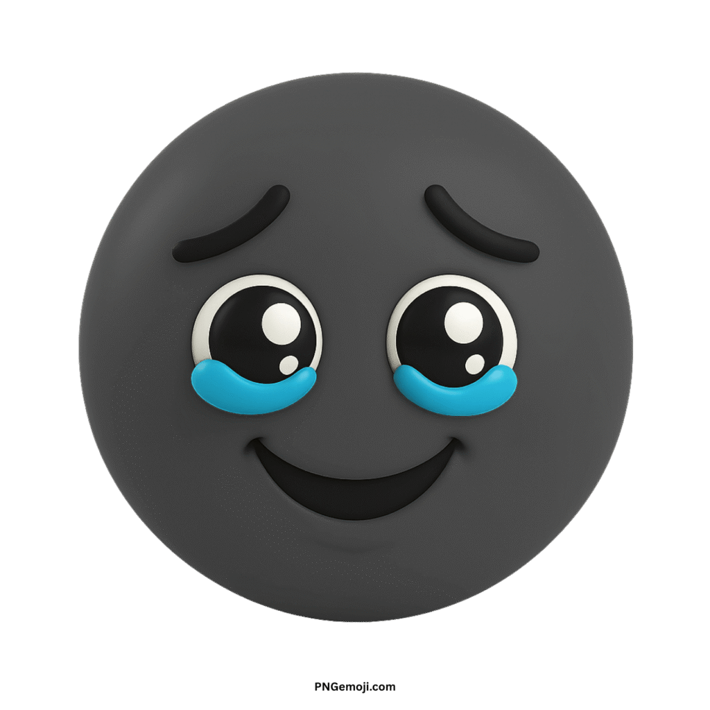  Very sad gray 3D emoji with prominent blue tears, open eyes, and a slight smile.