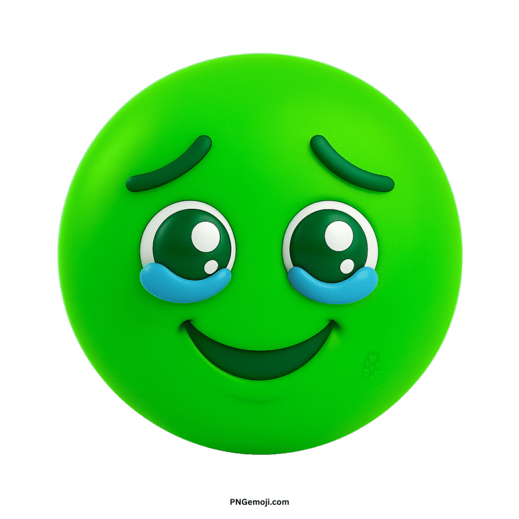 Very sad green 3D emoji with prominent blue tears, open eyes, and a slight smile.