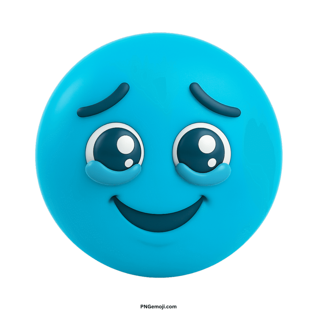 Very sad light blue 3D emoji with prominent tears, open eyes, and a slight smile.