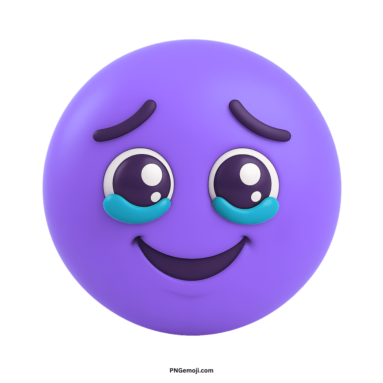 Very sad purple 3D emoji with prominent blue tears, open eyes, and a slight smile.