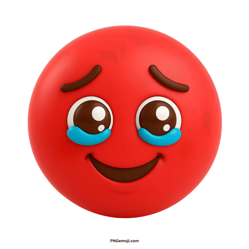 Very sad red 3D emoji with prominent blue tears, open eyes, and a slight smile.
