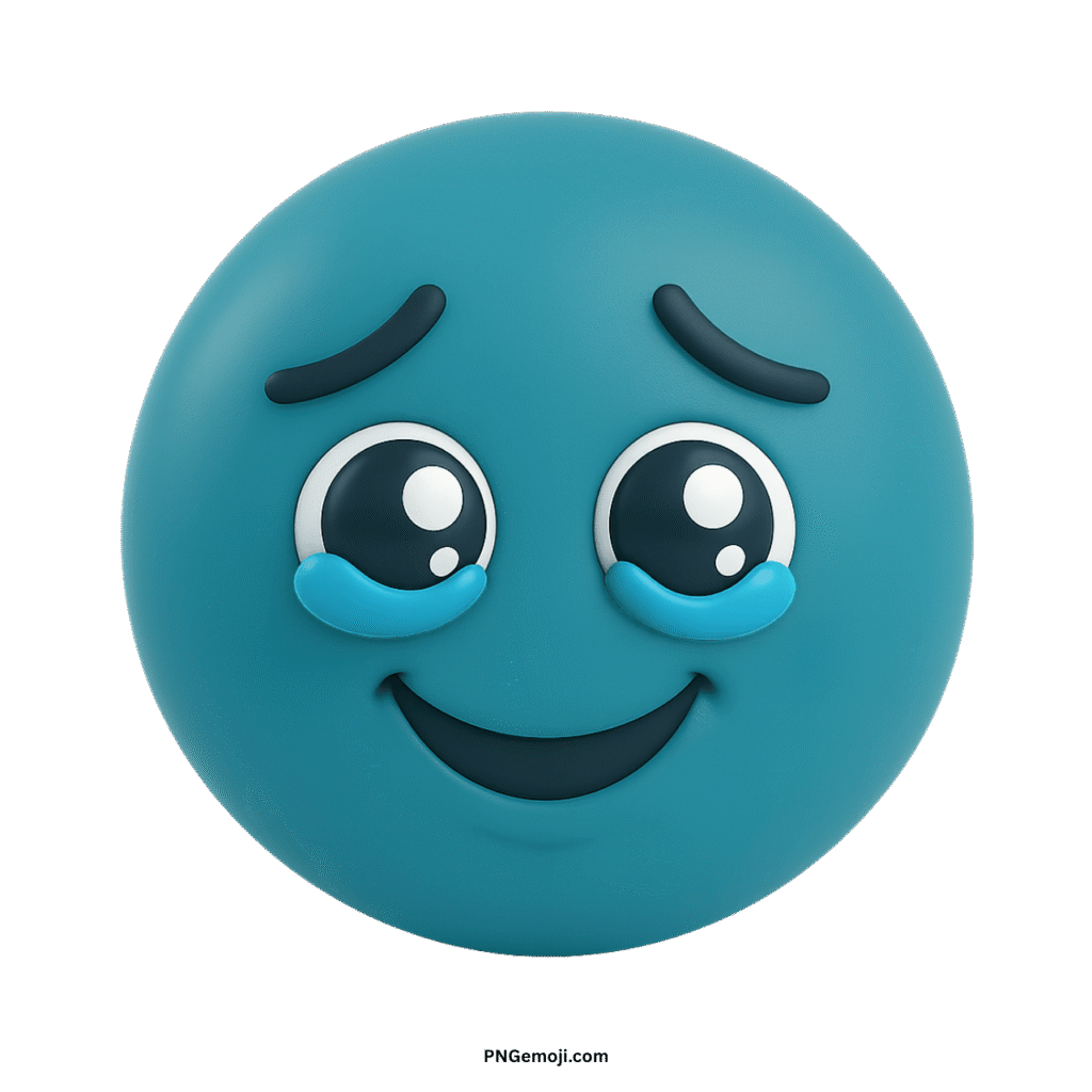 Very sad teal 3D emoji with prominent blue tears, open eyes, and a slight smile.