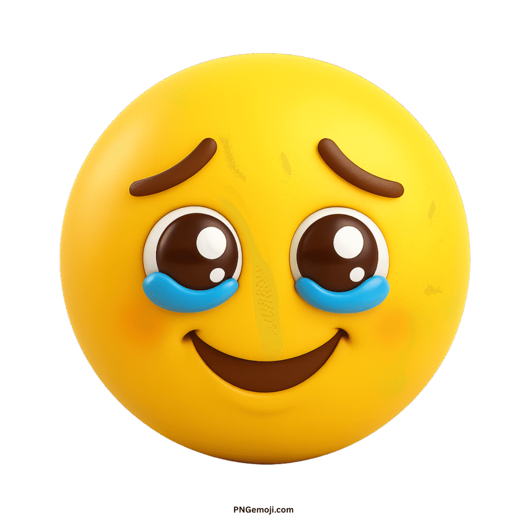 Very sad yellow 3D emoji with prominent blue tears, open eyes, and a slight smile.