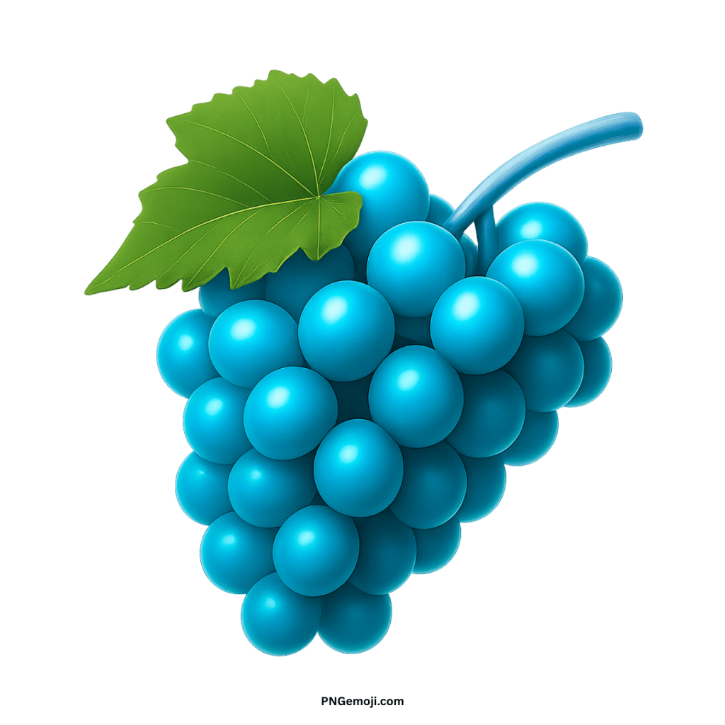 A vibrant turquoise-blue grape emoji with a bright green leaf and matching stem on a black background.