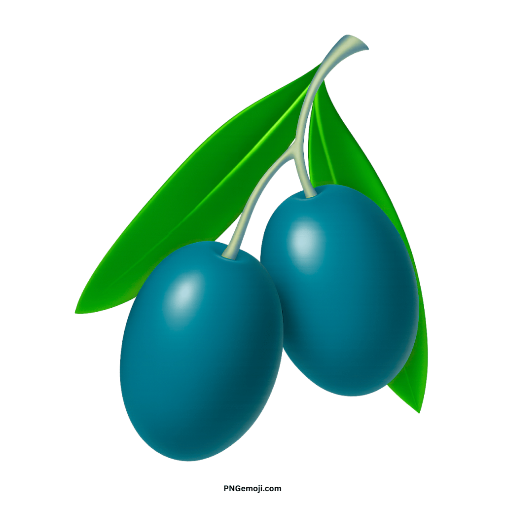  Two vibrant blue olives with green leaves on a delicate branch against a black background.
