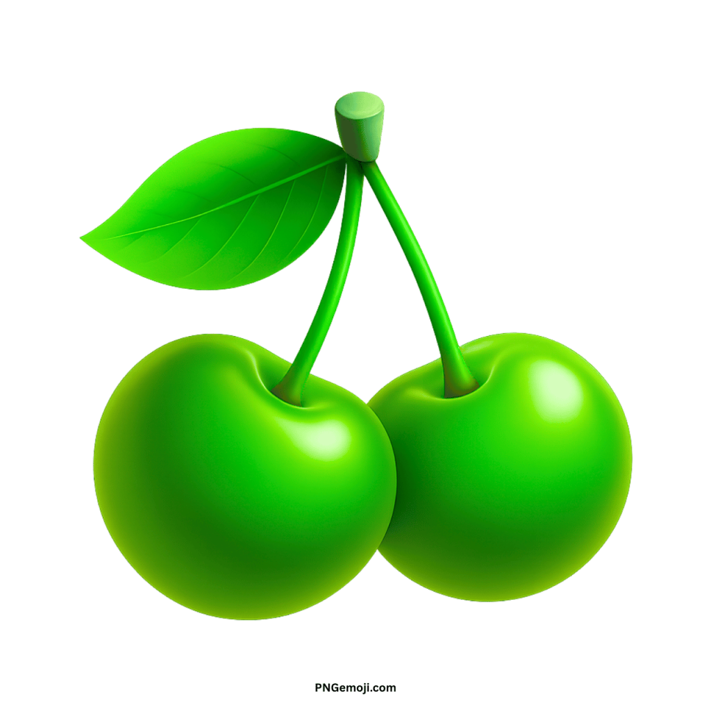 Two vibrant green cherries emoji with a single leaf on a black background.