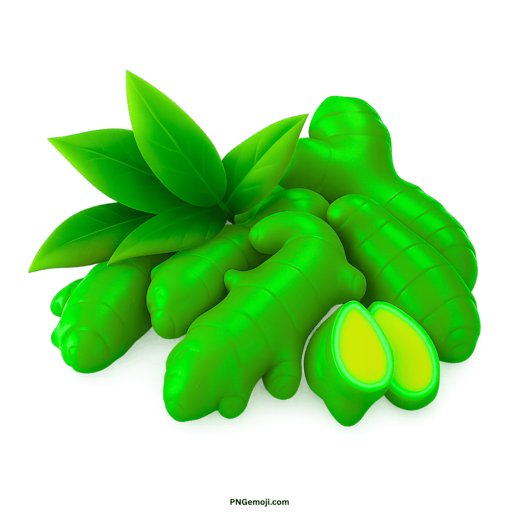 Vibrant green ginger roots with matching green leaves and a sliced piece showing yellow interior.