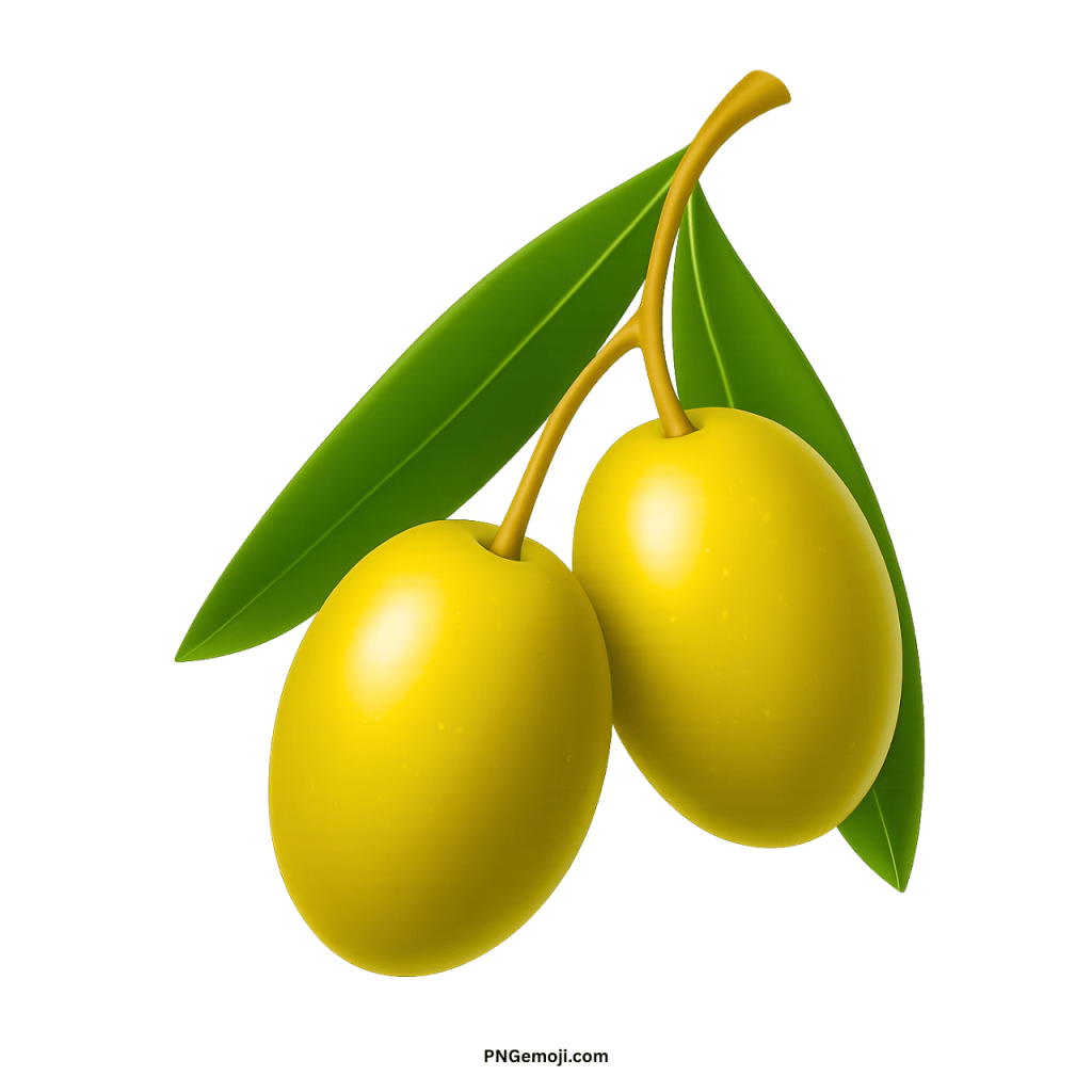  Two bright green olives with leaves on a light brown stem against a black background.