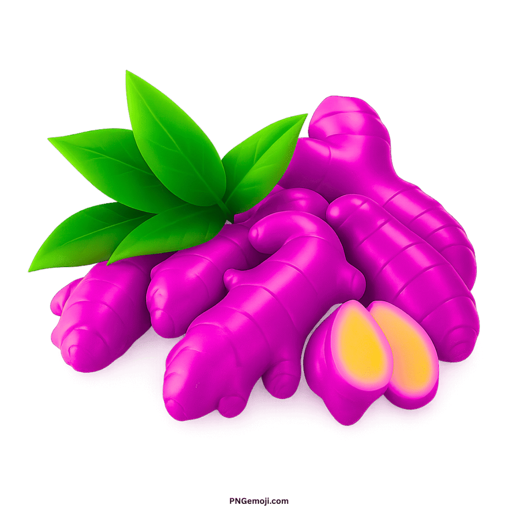 Vibrant magenta ginger roots with fresh green leaves and a sliced piece showing yellow interior.