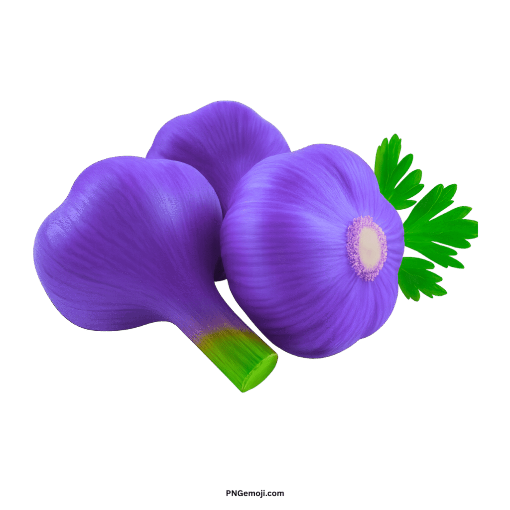  Vibrant purple garlic bulbs with fresh green parsley on a striking black background PNG.