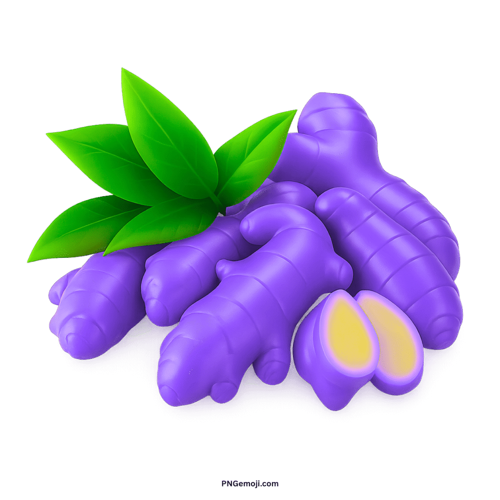Vibrant purple ginger roots with fresh green leaves and a sliced piece showing yellow interior.