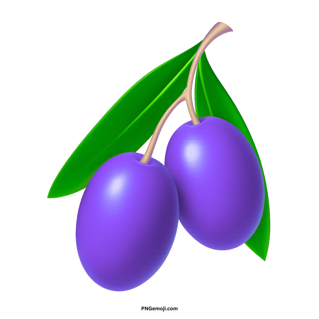 Two vibrant purple olives with green leaves on a delicate branch against a black background.