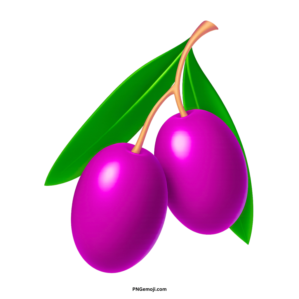 Two vibrant purple olives with green leaves on a delicate branch against a black background.