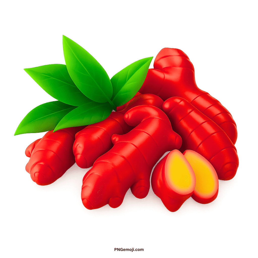Vibrant red ginger roots with fresh green leaves and a sliced piece showing yellow interior.