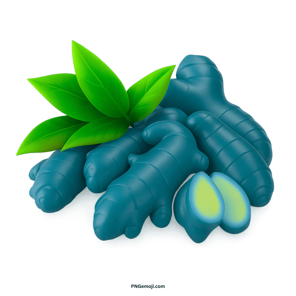  Vibrant teal ginger roots with fresh green leaves and a sliced piece showing yellow-green interior.