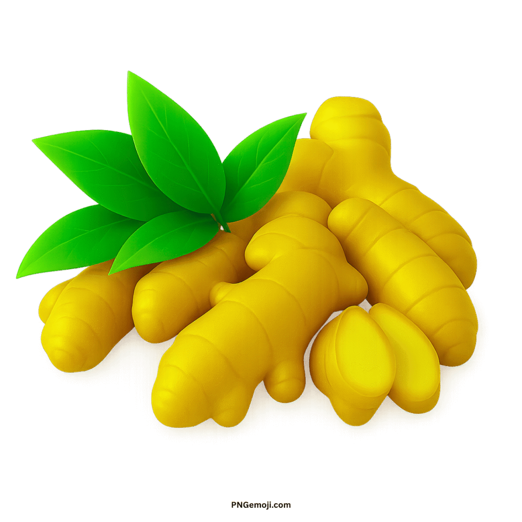 Vibrant yellow ginger roots with fresh green leaves and a sliced piece showcasing its yellow interior.