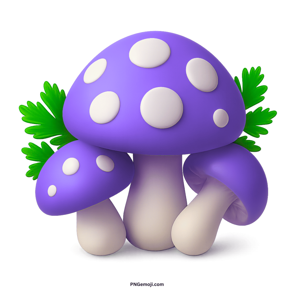 Violet cartoon mushroom PNG with white spots and leafy green accents in high quality