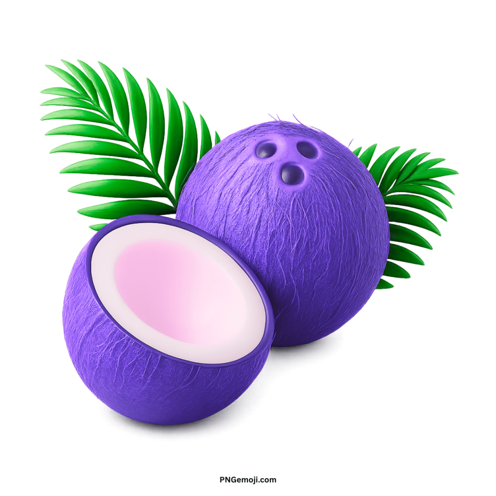 Violet coconut fruit with palm leaves, tropical exotic coconut PNG creative graphic illustration