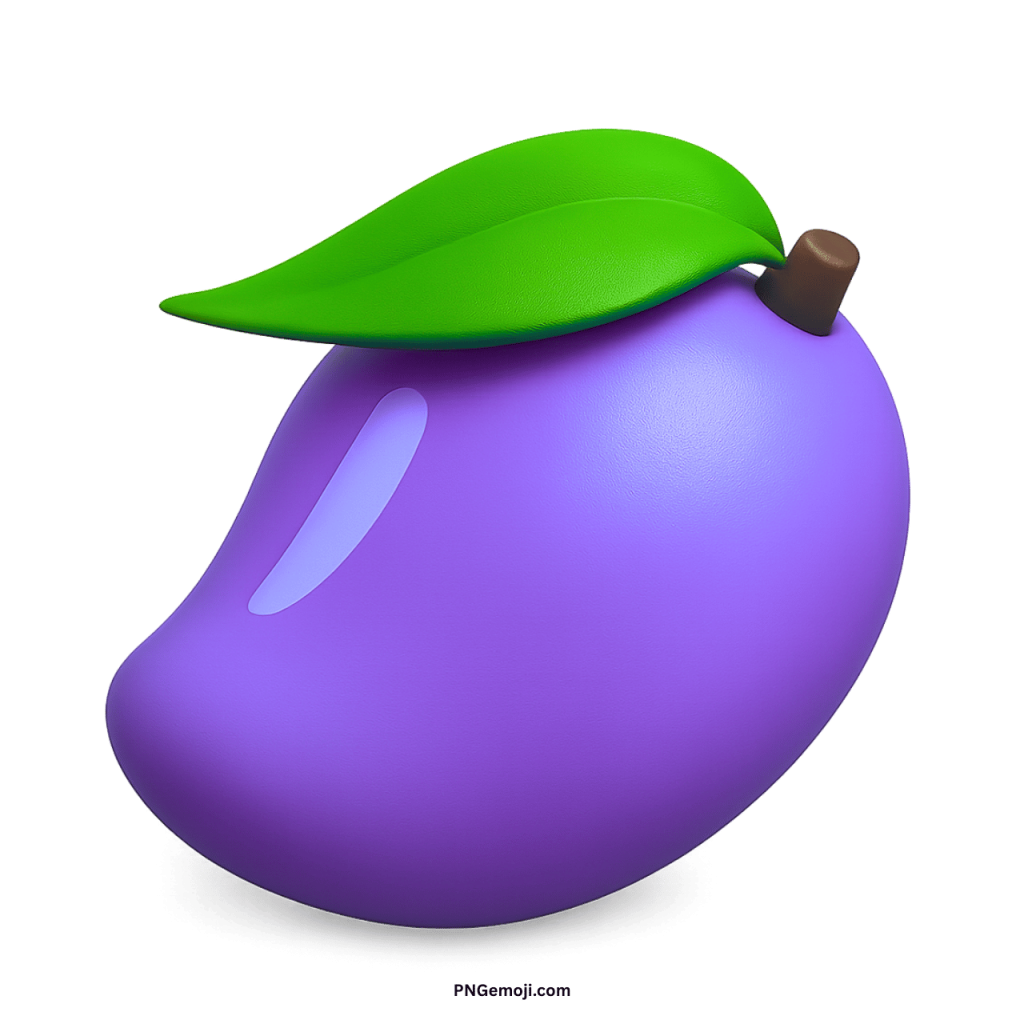 Violet mango emoji 3D tropical fruit icon with green leaf and glossy finish