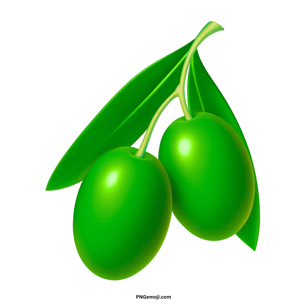 Two vivid green olives on a delicate branch with bright green leaves against a black background.