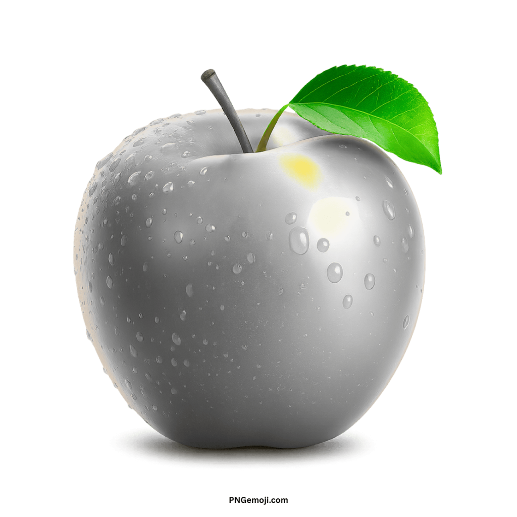  A glossy white apple with glistening water droplets and a vibrant green leaf.