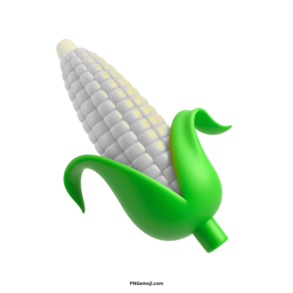 White ear of corn emoji with green husk in 3D cartoon style illustration