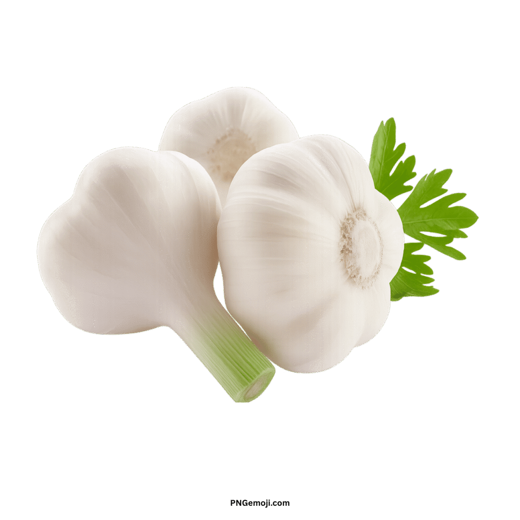 White garlic emoji PNG illustration showing fresh garlic cloves with green leaves