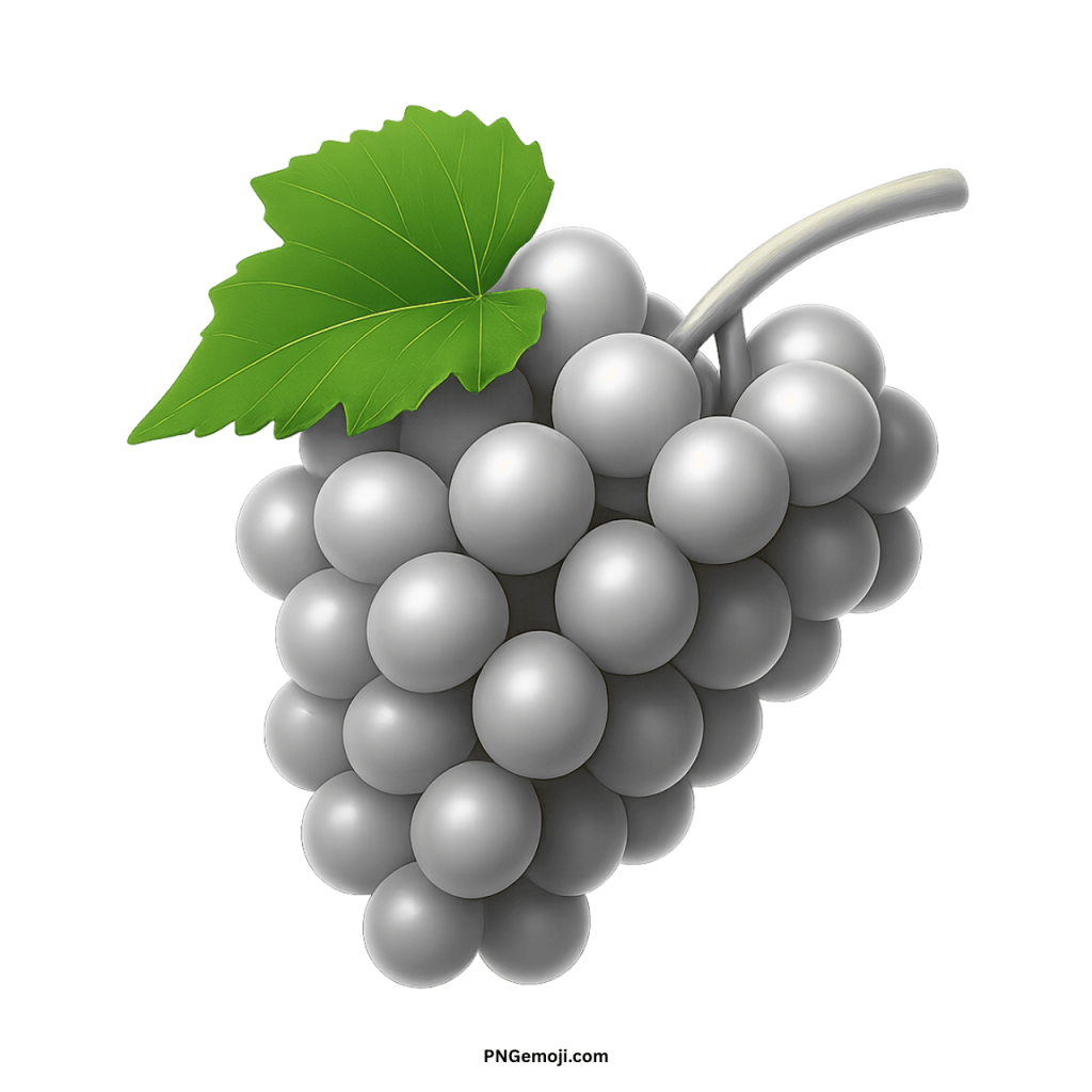 A pristine white grape emoji with a vibrant green leaf and light grey stem on a black background