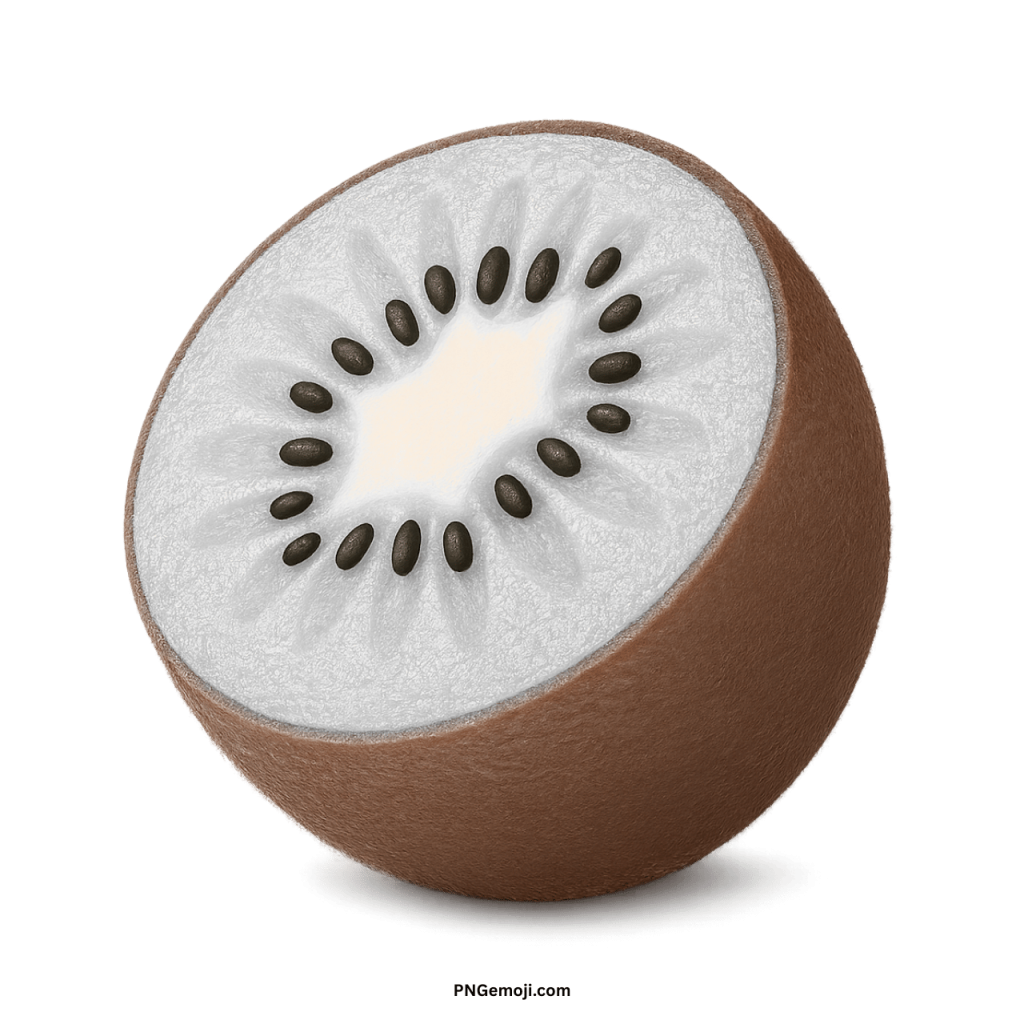 A unique white kiwi fruit emoji, halved to reveal dark seeds and a creamy white core.