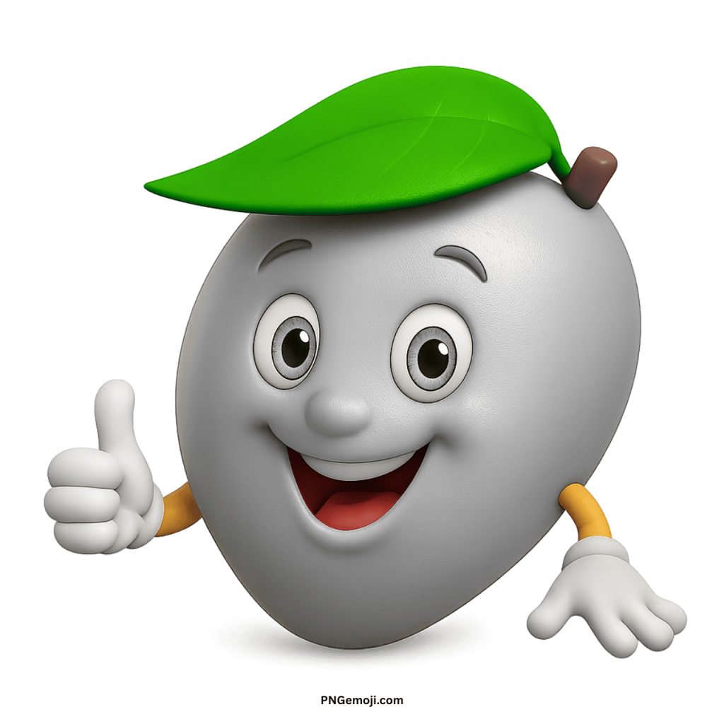 Smiling white mango emoji cartoon fruit character with green leaf giving thumbs up PNG