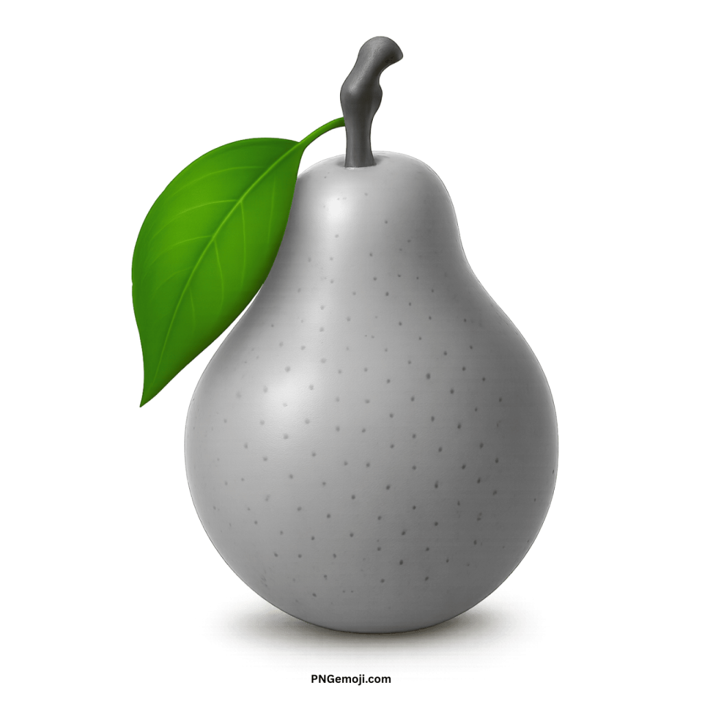  Elegant white pear with a contrasting green leaf and grey stem on a black background.