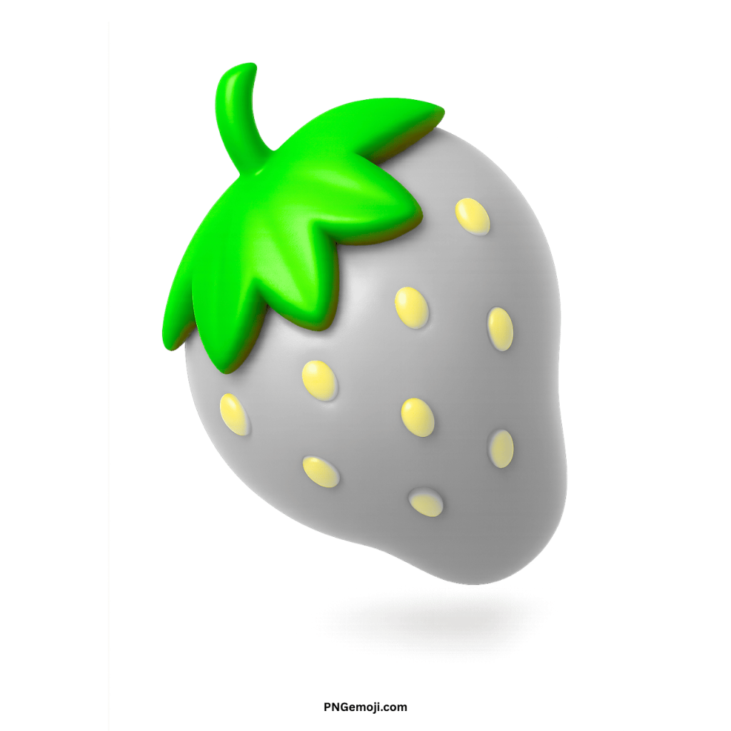 Pristine 3D rendered white strawberry emoji with green stem and yellow seeds.
