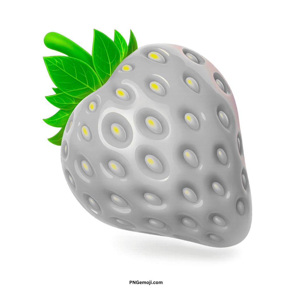  White strawberry with glowing yellow seeds and vivid green leaves on a black background.