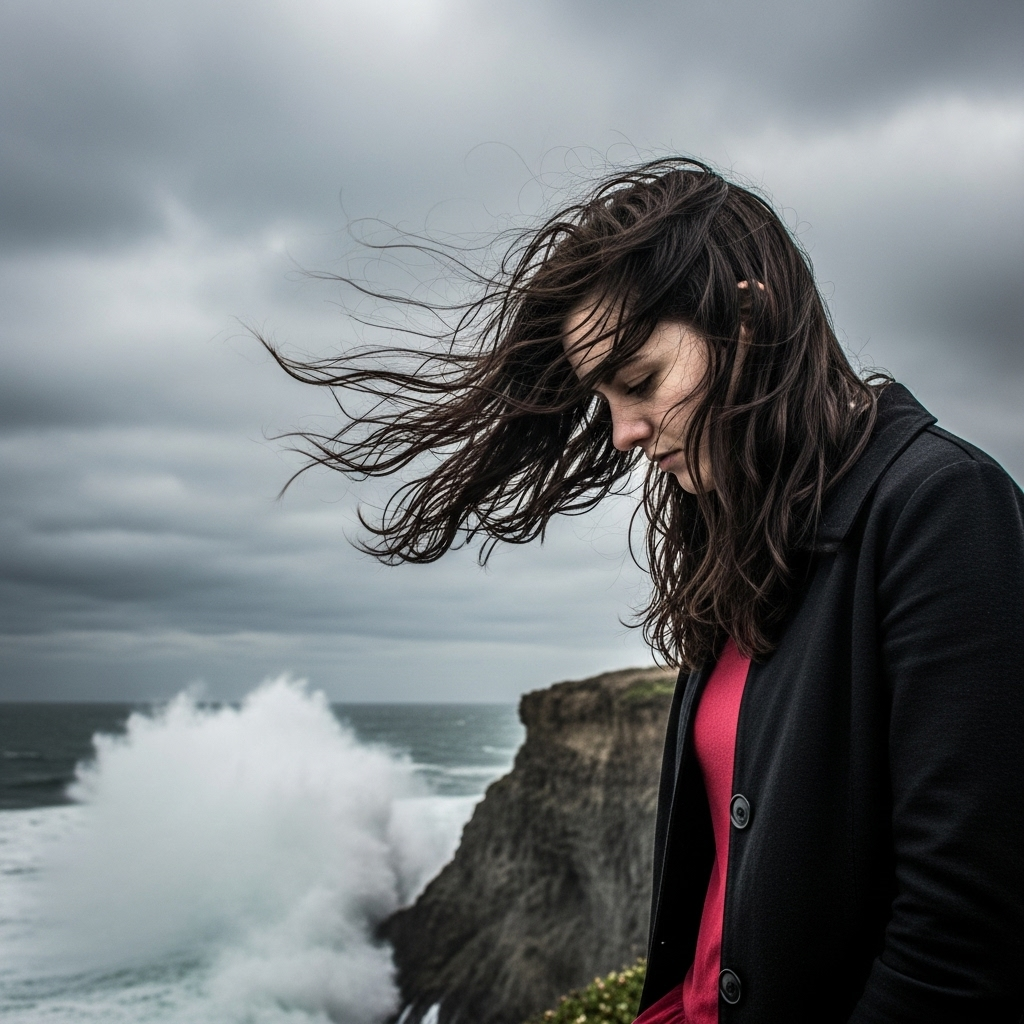 Woman standing on cliff overlooking stormy ocean, windy hair, dark coat, cloudy sky.