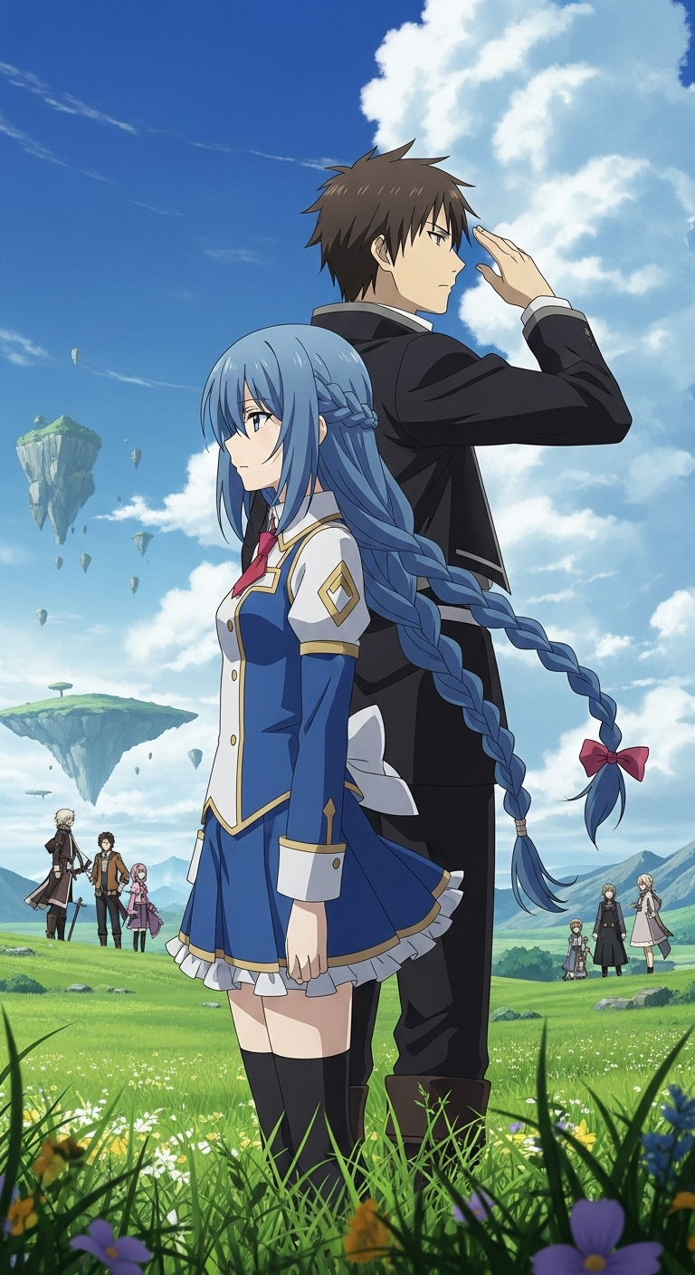 WorldEnd anime wallpaper featuring Suka and Sateraito standing together with floating islands background