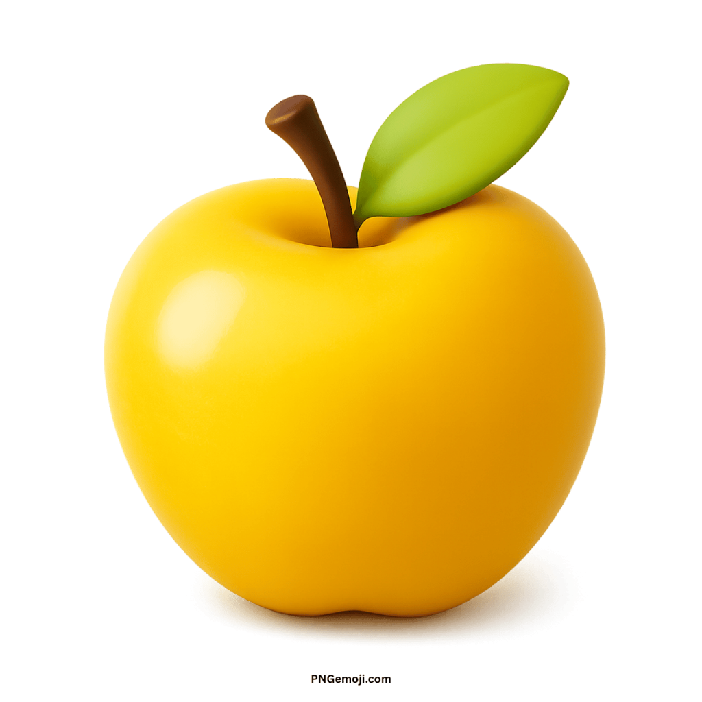  A glossy 3D yellow apple emoji with a green leaf and a brown stem on a black background.